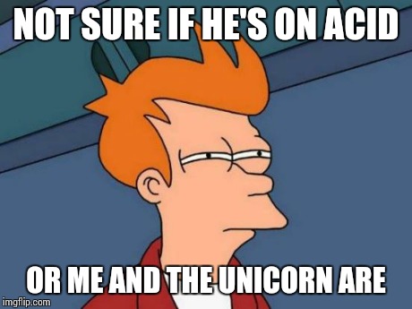 Futurama Fry | NOT SURE IF HE'S ON ACID OR ME AND THE UNICORN ARE | image tagged in memes,futurama fry,AdviceAnimals | made w/ Imgflip meme maker