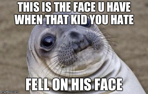 Awkward Moment Sealion | THIS IS THE FACE U HAVE WHEN THAT KID YOU HATE FELL ON HIS FACE | image tagged in memes,awkward moment sealion | made w/ Imgflip meme maker