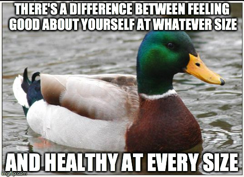 Actual Advice Mallard | THERE'S A DIFFERENCE BETWEEN FEELING GOOD ABOUT YOURSELF AT WHATEVER SIZE AND HEALTHY AT EVERY SIZE | image tagged in memes,actual advice mallard,AdviceAnimals | made w/ Imgflip meme maker