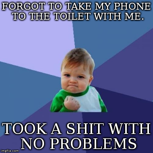 Success Kid Meme | FORGOT TO TAKE MY PHONE TO THE TOILET WITH ME. TOOK A SHIT WITH NO PROBLEMS | image tagged in memes,success kid | made w/ Imgflip meme maker