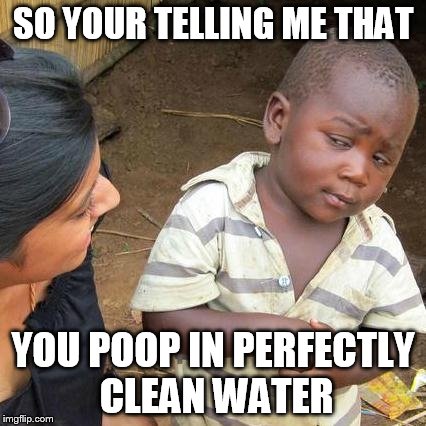 Third World Skeptical Kid Meme | SO YOUR TELLING ME THAT YOU POOP IN PERFECTLY CLEAN WATER | image tagged in memes,third world skeptical kid | made w/ Imgflip meme maker