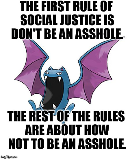 Equality Golbat | THE FIRST RULE OF SOCIAL JUSTICE IS DON'T BE AN ASSHOLE. THE REST OF THE RULES ARE ABOUT HOW NOT TO BE AN ASSHOLE. | image tagged in equality golbat | made w/ Imgflip meme maker