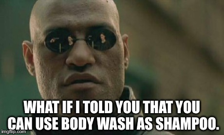 Matrix Morpheus Meme | WHAT IF I TOLD YOU THAT YOU CAN USE BODY WASH AS SHAMPOO. | image tagged in memes,matrix morpheus | made w/ Imgflip meme maker