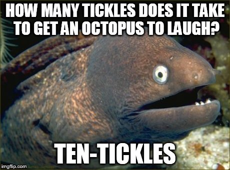 Bad Joke Eel | HOW MANY TICKLES DOES IT TAKE TO GET AN OCTOPUS TO LAUGH? TEN-TICKLES | image tagged in memes,bad joke eel | made w/ Imgflip meme maker