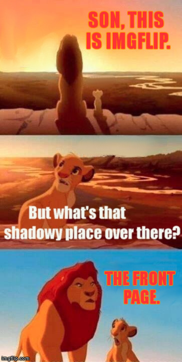 Mufasa is jealous. | SON, THIS IS IMGFLIP. THE FRONT PAGE. | image tagged in memes,simba shadowy place | made w/ Imgflip meme maker