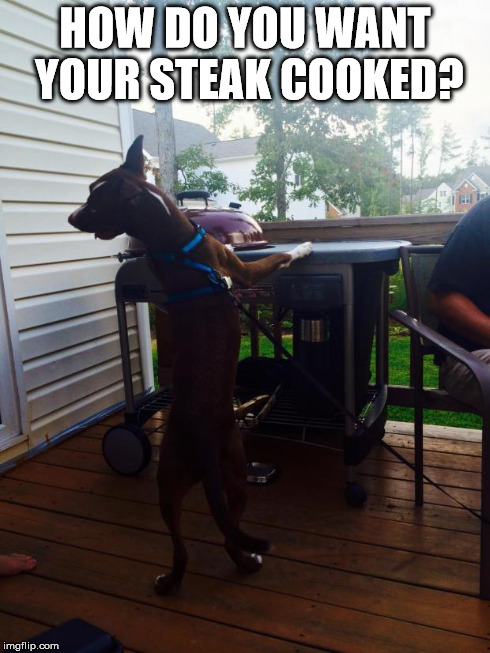 HOW DO YOU WANT YOUR STEAK COOKED? | image tagged in grilling | made w/ Imgflip meme maker
