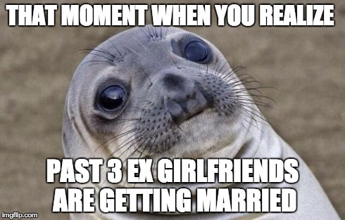 Awkward Moment Sealion | THAT MOMENT WHEN YOU REALIZE PAST 3 EX GIRLFRIENDS ARE GETTING MARRIED | image tagged in memes,awkward moment sealion | made w/ Imgflip meme maker