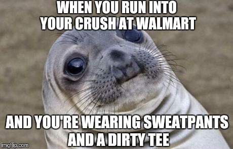 When this happens.. | WHEN YOU RUN INTO YOUR CRUSH AT WALMART AND YOU'RE WEARING SWEATPANTS AND A DIRTY TEE | image tagged in memes,awkward moment sealion,funny,awkward,hilarious | made w/ Imgflip meme maker
