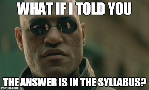 Matrix Morpheus | WHAT IF I TOLD YOU THE ANSWER IS IN THE SYLLABUS? | image tagged in memes,matrix morpheus | made w/ Imgflip meme maker