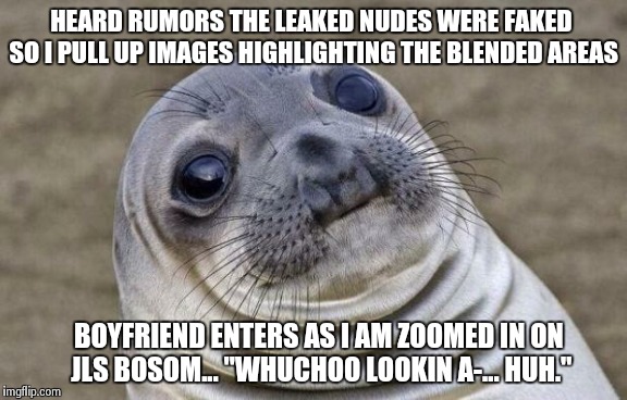 Awkward Moment Sealion | HEARD RUMORS THE LEAKED NUDES WERE FAKED SO I PULL UP IMAGES HIGHLIGHTING THE BLENDED AREAS BOYFRIEND ENTERS AS I AM ZOOMED IN ON JLS BOSOM. | image tagged in memes,awkward moment sealion,AdviceAnimals | made w/ Imgflip meme maker