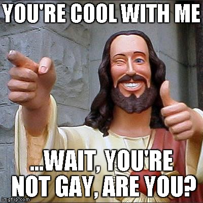 Buddy Christ | YOU'RE COOL WITH ME ...WAIT, YOU'RE NOT GAY, ARE YOU? | image tagged in memes,buddy christ | made w/ Imgflip meme maker