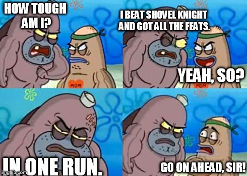 How Tough Are You | HOW TOUGH AM I? I BEAT SHOVEL KNIGHT AND GOT ALL THE FEATS. YEAH, SO? IN ONE RUN. GO ON AHEAD, SIR! | image tagged in memes,how tough are you | made w/ Imgflip meme maker