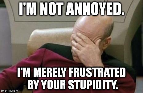 Captain Picard Facepalm Meme | I'M NOT ANNOYED. I'M MERELY FRUSTRATED BY YOUR STUPIDITY. | image tagged in memes,captain picard facepalm | made w/ Imgflip meme maker