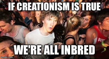 Yes I realize very few of you believe in it, but it's just a thought. | IF CREATIONISM IS TRUE WE'RE ALL INBRED | image tagged in memes,sudden clarity clarence,creationism | made w/ Imgflip meme maker