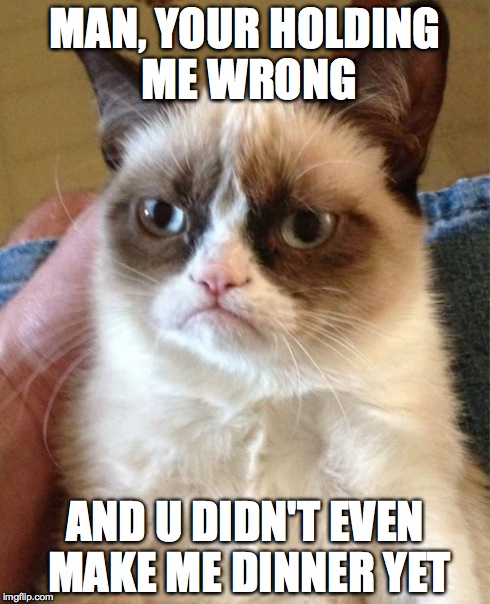 Grumpy Cat | MAN, YOUR HOLDING ME WRONG AND U DIDN'T EVEN MAKE ME DINNER YET | image tagged in memes,grumpy cat | made w/ Imgflip meme maker