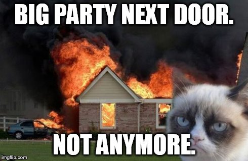 Burn Kitty Meme | BIG PARTY NEXT DOOR. NOT ANYMORE. | image tagged in memes,burn kitty | made w/ Imgflip meme maker
