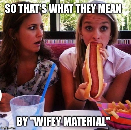 Wifey Material | SO THAT'S WHAT THEY MEAN BY "WIFEY MATERIAL" | image tagged in hot dog,wife | made w/ Imgflip meme maker