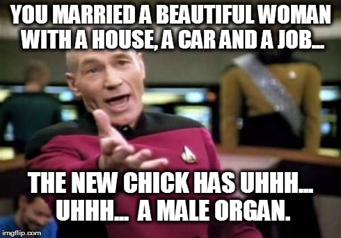 Picard Wtf Meme | YOU MARRIED A BEAUTIFUL WOMAN WITH A HOUSE, A CAR AND A JOB... THE NEW CHICK HAS UHHH... UHHH...  A MALE ORGAN. | image tagged in memes,picard wtf | made w/ Imgflip meme maker