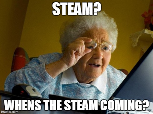Grandma Finds The Internet | STEAM? WHENS THE STEAM COMING? | image tagged in memes,grandma finds the internet | made w/ Imgflip meme maker