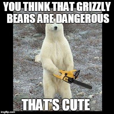 Chainsaw Bear Meme | YOU THINK THAT GRIZZLY BEARS ARE DANGEROUS THAT'S CUTE | image tagged in memes,chainsaw bear | made w/ Imgflip meme maker