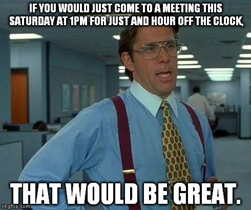 That Would Be Great Meme | IF YOU WOULD JUST COME TO A MEETING THIS SATURDAY AT 1PM FOR JUST AND HOUR OFF THE CLOCK, THAT WOULD BE GREAT. | image tagged in memes,that would be great | made w/ Imgflip meme maker