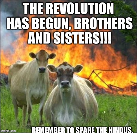 Tomorrow. | THE REVOLUTION HAS BEGUN, BROTHERS AND SISTERS!!! REMEMBER TO SPARE THE HINDUS. | image tagged in memes,evil cows | made w/ Imgflip meme maker