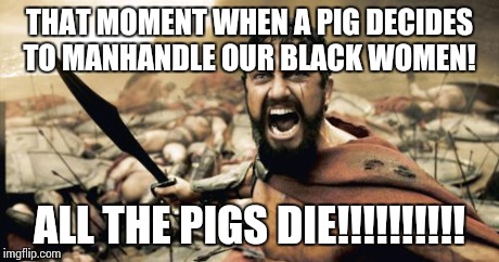 Sparta Leonidas | THAT MOMENT WHEN A PIG DECIDES TO MANHANDLE OUR BLACK WOMEN! ALL THE PIGS DIE!!!!!!!!!! | image tagged in memes,sparta leonidas | made w/ Imgflip meme maker