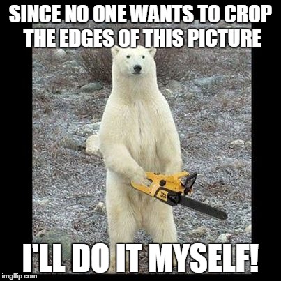 Chainsaw Bear | SINCE NO ONE WANTS TO CROP THE EDGES OF THIS PICTURE I'LL DO IT MYSELF! | image tagged in memes,chainsaw bear,funny | made w/ Imgflip meme maker