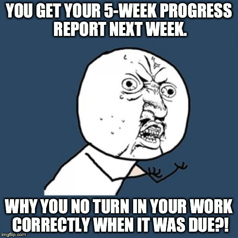Y U No Meme | YOU GET YOUR 5-WEEK PROGRESS REPORT NEXT WEEK. WHY YOU NO TURN IN YOUR WORK CORRECTLY WHEN IT WAS DUE?! | image tagged in memes,y u no | made w/ Imgflip meme maker