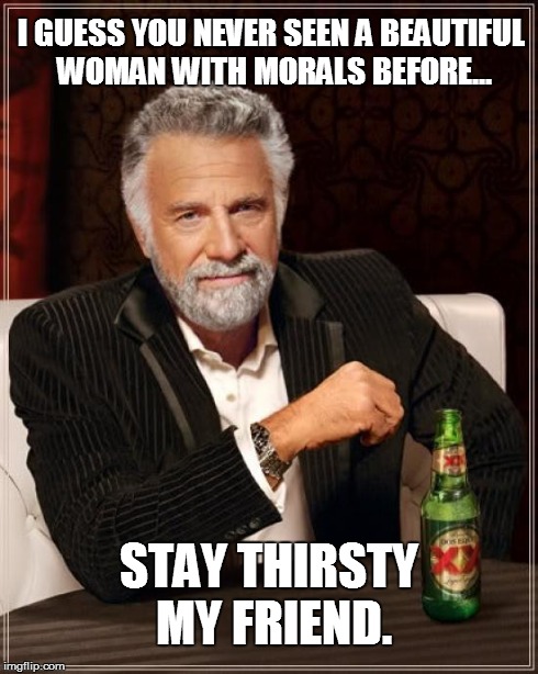 The Most Interesting Man In The World | I GUESS YOU NEVER SEEN A BEAUTIFUL WOMAN WITH MORALS BEFORE... STAY THIRSTY MY FRIEND. | image tagged in memes,the most interesting man in the world | made w/ Imgflip meme maker