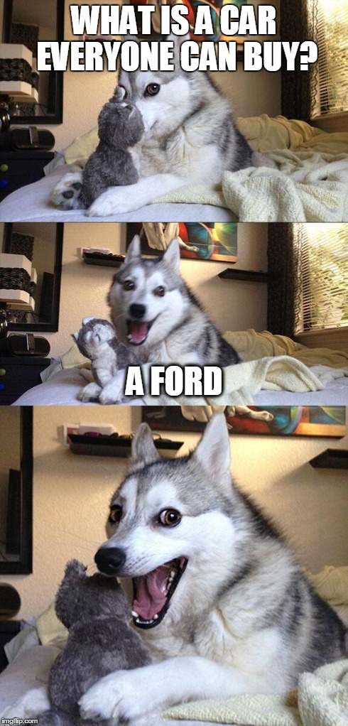 Bad Pun Dog | WHAT IS A CAR EVERYONE CAN BUY? A FORD | image tagged in memes,bad pun dog | made w/ Imgflip meme maker