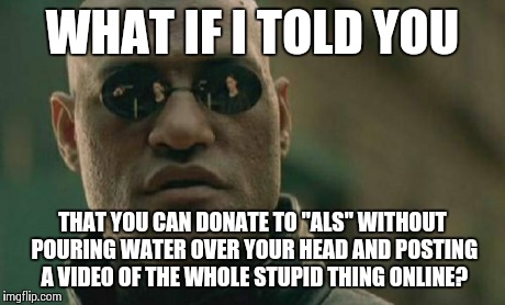 Matrix Morpheus | WHAT IF I TOLD YOU THAT YOU CAN DONATE TO "ALS" WITHOUT POURING WATER OVER YOUR HEAD AND POSTING A VIDEO OF THE WHOLE STUPID THING ONLINE? | image tagged in memes,matrix morpheus | made w/ Imgflip meme maker