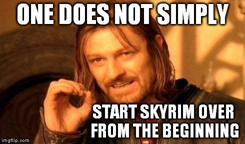 One Does Not Simply Meme | ONE DOES NOT SIMPLY START SKYRIM OVER FROM THE BEGINNING | image tagged in memes,one does not simply | made w/ Imgflip meme maker