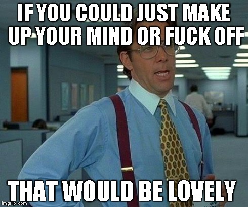 That Would Be Great Meme | IF YOU COULD JUST MAKE UP YOUR MIND OR F**K OFF THAT WOULD BE LOVELY | image tagged in memes,that would be great | made w/ Imgflip meme maker