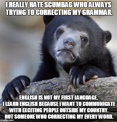 Confession Bear Meme | I REALLY HATE SCUMBAG WHO ALWAYS TRYING TO CORRECTING MY GRAMMAR. ENGLISH IS NOT MY FIRST LANGUAGE, I LEARN ENGLISH BECAUSE I WANT TO COMMUN | image tagged in memes,confession bear | made w/ Imgflip meme maker