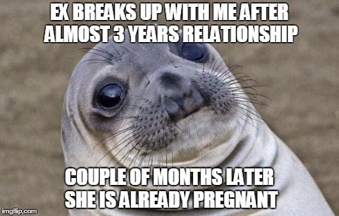 Awkward Moment Sealion | EX BREAKS UP WITH ME AFTER ALMOST 3 YEARS RELATIONSHIP COUPLE OF MONTHS LATER SHE IS ALREADY PREGNANT | image tagged in memes,awkward moment sealion | made w/ Imgflip meme maker