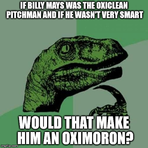 Philosoraptor Meme | IF BILLY MAYS WAS THE OXICLEAN PITCHMAN AND IF HE WASN'T VERY SMART WOULD THAT MAKE HIM AN OXIMORON? | image tagged in memes,philosoraptor | made w/ Imgflip meme maker