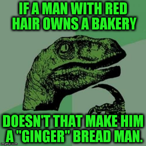 Ever wondered that...... | IF A MAN WITH RED HAIR OWNS A BAKERY DOESN'T THAT MAKE HIM A "GINGER" BREAD MAN. | image tagged in memes,philosoraptor,funny,clever | made w/ Imgflip meme maker