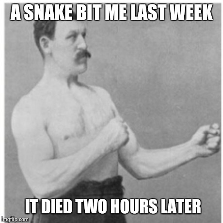 Overly Manly Man Meme | A SNAKE BIT ME LAST WEEK IT DIED TWO HOURS LATER | image tagged in memes,overly manly man | made w/ Imgflip meme maker