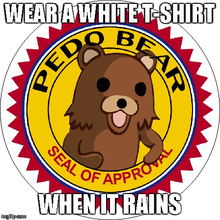PedoBear | WEAR A WHITE T-SHIRT WHEN IT RAINS | image tagged in funny | made w/ Imgflip meme maker