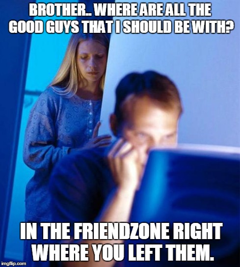 Redditor's Wife Meme | BROTHER.. WHERE ARE ALL THE GOOD GUYS THAT I SHOULD BE WITH? IN THE FRIENDZONE RIGHT WHERE YOU LEFT THEM. | image tagged in memes,redditors wife | made w/ Imgflip meme maker