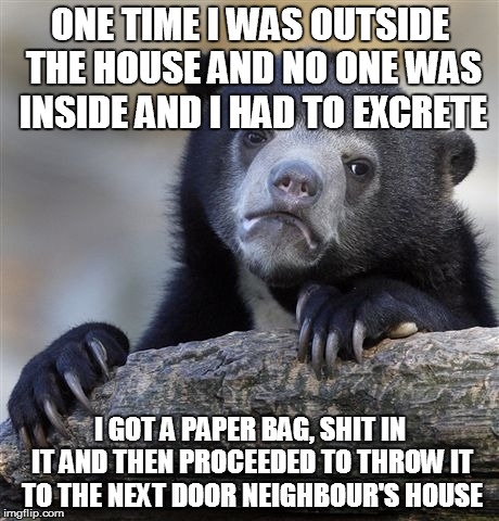 Confession Bear | ONE TIME I WAS OUTSIDE THE HOUSE AND NO ONE WAS INSIDE AND I HAD TO EXCRETE I GOT A PAPER BAG, SHIT IN IT AND THEN PROCEEDED TO THROW IT TO  | image tagged in memes,confession bear | made w/ Imgflip meme maker
