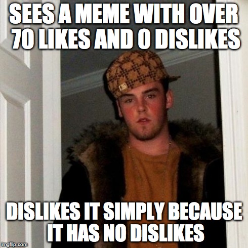 Scumbag Steve | SEES A MEME WITH OVER 70 LIKES AND 0 DISLIKES DISLIKES IT SIMPLY BECAUSE IT HAS NO DISLIKES | image tagged in memes,scumbag steve | made w/ Imgflip meme maker