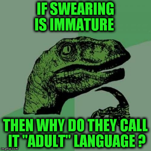 Have you ever wondered??? | IF SWEARING IS IMMATURE THEN WHY DO THEY CALL IT "ADULT" LANGUAGE ? | image tagged in memes,philosoraptor,funny | made w/ Imgflip meme maker