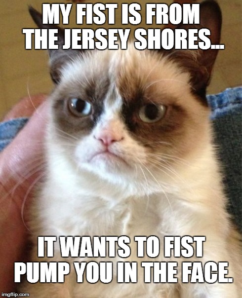Grumpy Cat Meme | MY FIST IS FROM THE JERSEY SHORES... IT WANTS TO FIST PUMP YOU IN THE FACE. | image tagged in memes,grumpy cat | made w/ Imgflip meme maker