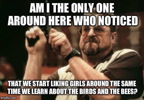 Am I The Only One Around Here Meme | AM I THE ONLY ONE AROUND HERE WHO NOTICED THAT WE START LIKING GIRLS AROUND THE SAME TIME WE LEARN ABOUT THE BIRDS AND THE BEES? | image tagged in memes,am i the only one around here | made w/ Imgflip meme maker
