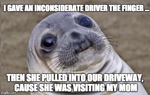 I Hate When That Happens ... | I GAVE AN INCONSIDERATE DRIVER THE FINGER ... THEN SHE PULLED INTO OUR DRIVEWAY, CAUSE SHE WAS VISITING MY MOM | image tagged in memes,awkward moment sealion | made w/ Imgflip meme maker