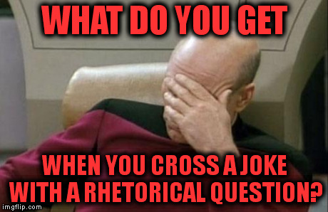 Captain Picard Facepalm | WHAT DO YOU GET WHEN YOU CROSS A JOKE WITH A RHETORICAL QUESTION? | image tagged in memes,captain picard facepalm | made w/ Imgflip meme maker