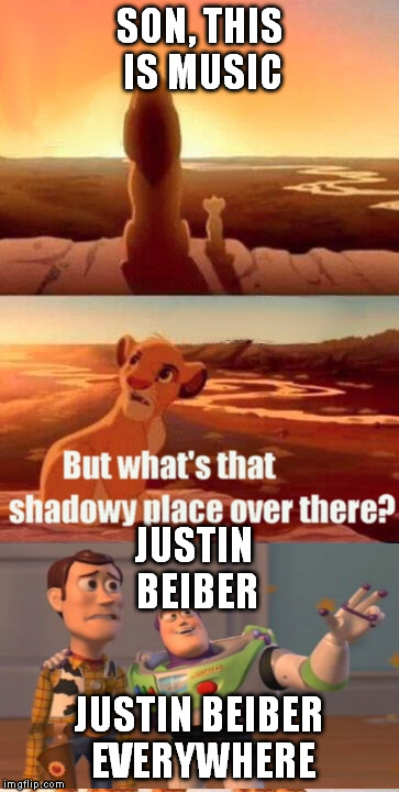 Simba Shadowy Place Meme | SON, THIS IS MUSIC JUSTIN BEIBER EVERYWHERE JUSTIN BEIBER | image tagged in memes,simba shadowy place | made w/ Imgflip meme maker