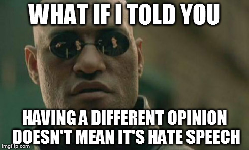Everyone is entitled to their own beliefs | WHAT IF I TOLD YOU HAVING A DIFFERENT OPINION DOESN'T MEAN IT'S HATE SPEECH | image tagged in memes,matrix morpheus,truth | made w/ Imgflip meme maker